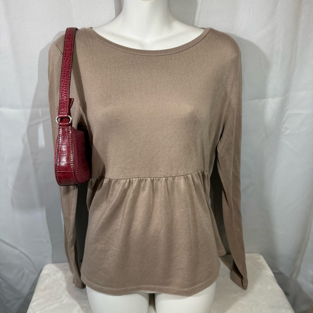 Pink Republic Taupe Babydoll Peplum Top Long Sleeve Boho L
